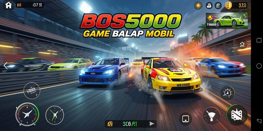 Screenshot utama BOS5000 menampilkan aksi balap mendebarkan di lintasan penuh tantangan.
