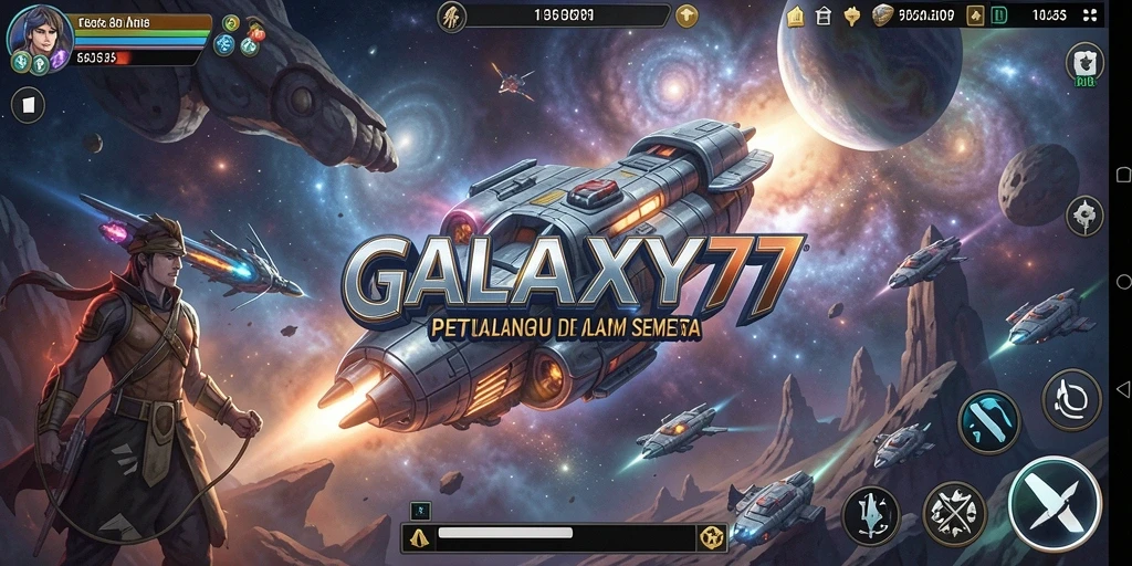 Screenshot gameplay GALAXY77, menampilkan pertarungan epik di dunia luar angkasa.