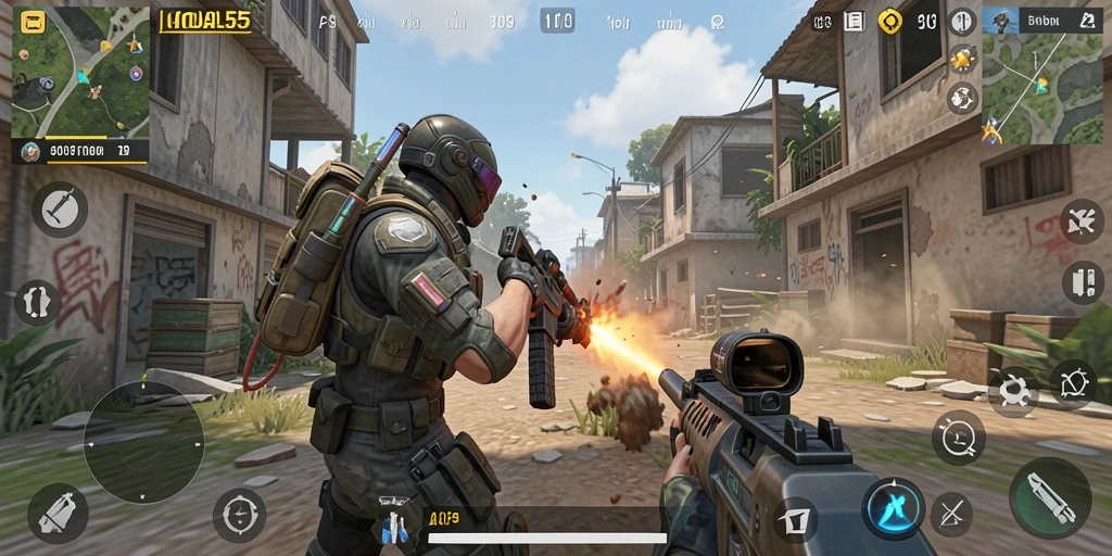 Screenshot gameplay GOAL55 yang menampilkan aksi mendebarkan di medan perang.