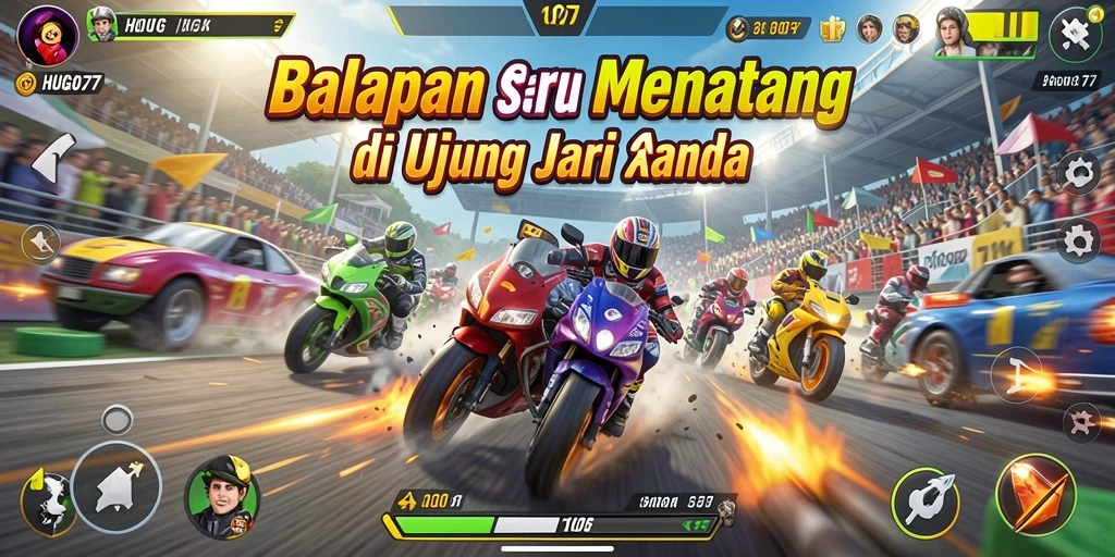 Screenshot HUGO77 menunjukkan aksi balapan mendebarkan dengan grafis yang menawan.