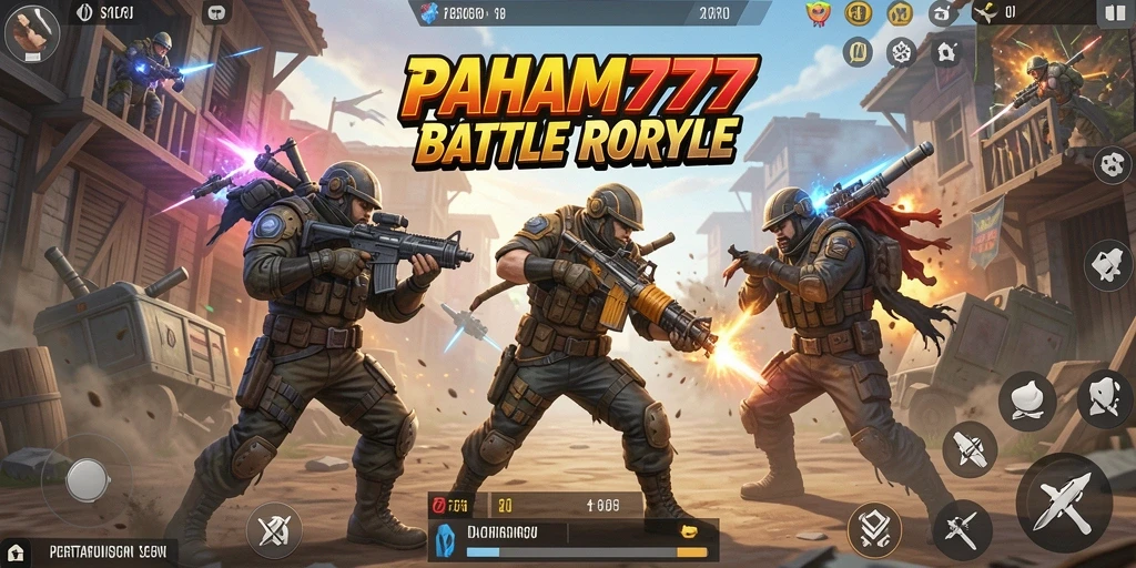 Screenshot utama PAHAM777 menampilkan aksi seru dalam pertempuran Battle Royale.