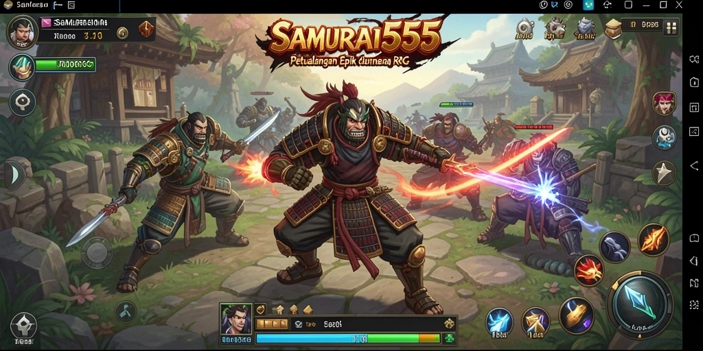 Screenshot utama SAMURAI555 menampilkan aksi pertarungan epik dalam dunia RPG.