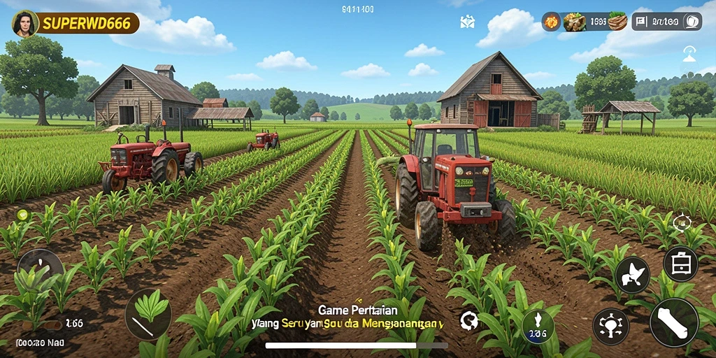 Tangkapan layar utama SUPERWD666 menunjukkan suasana pertanian yang hidup dan gameplay yang mengasyikkan.