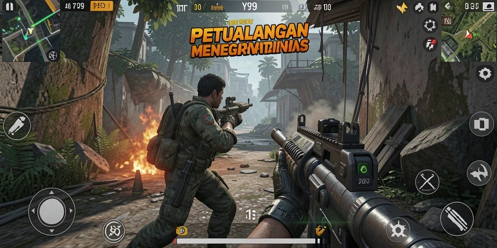 Screenshot utama Y89 menampilkan aksi tembak-menembak yang intens di medan perang.